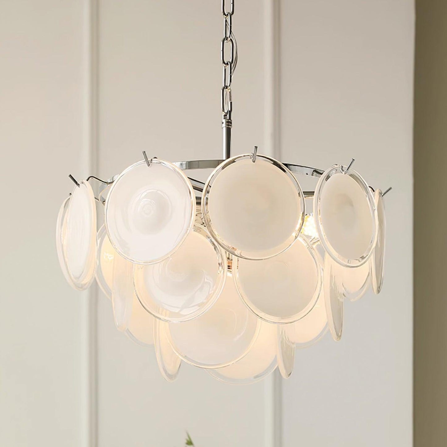 Delphine Glass Disc Chandelier, White Layered Shades with Metal Frame