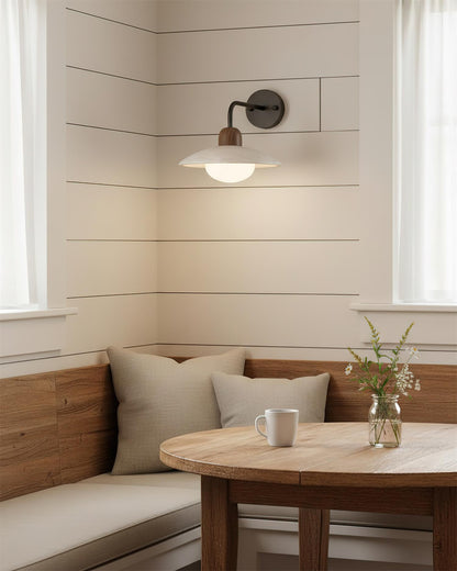 Carolia Travertine Wall Lamp with Wood Base and Brushed Brass Arm