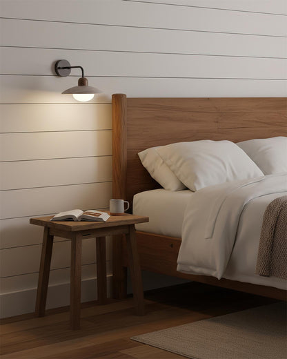 Carolia Travertine Wall Lamp with Wood Base and Brushed Brass Arm