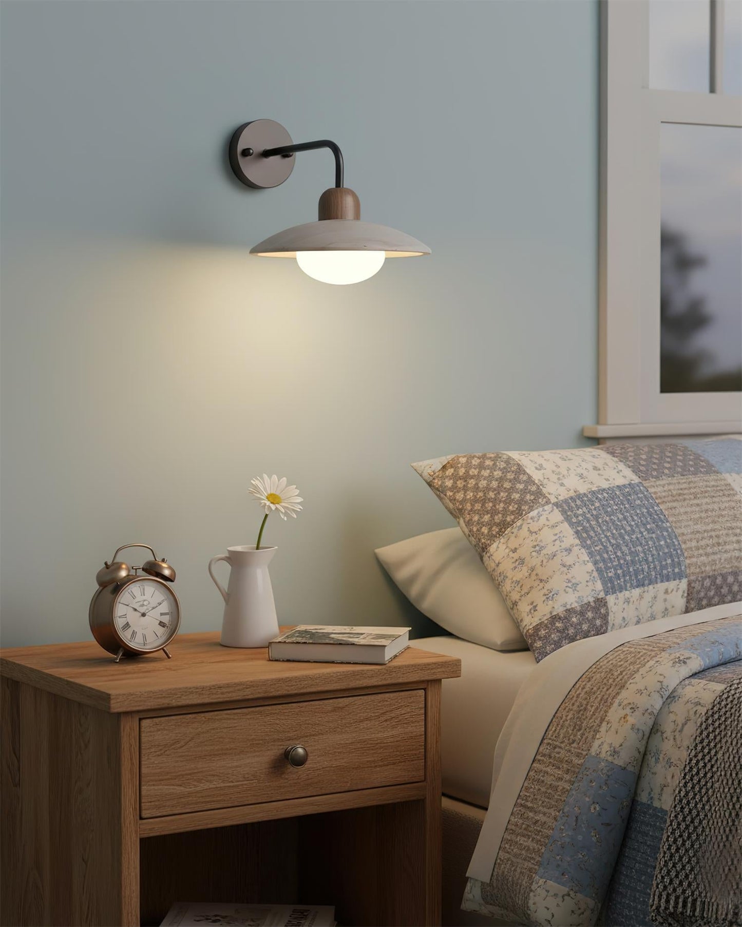 Carolia Travertine Wall Lamp with Wood Base and Brushed Brass Arm