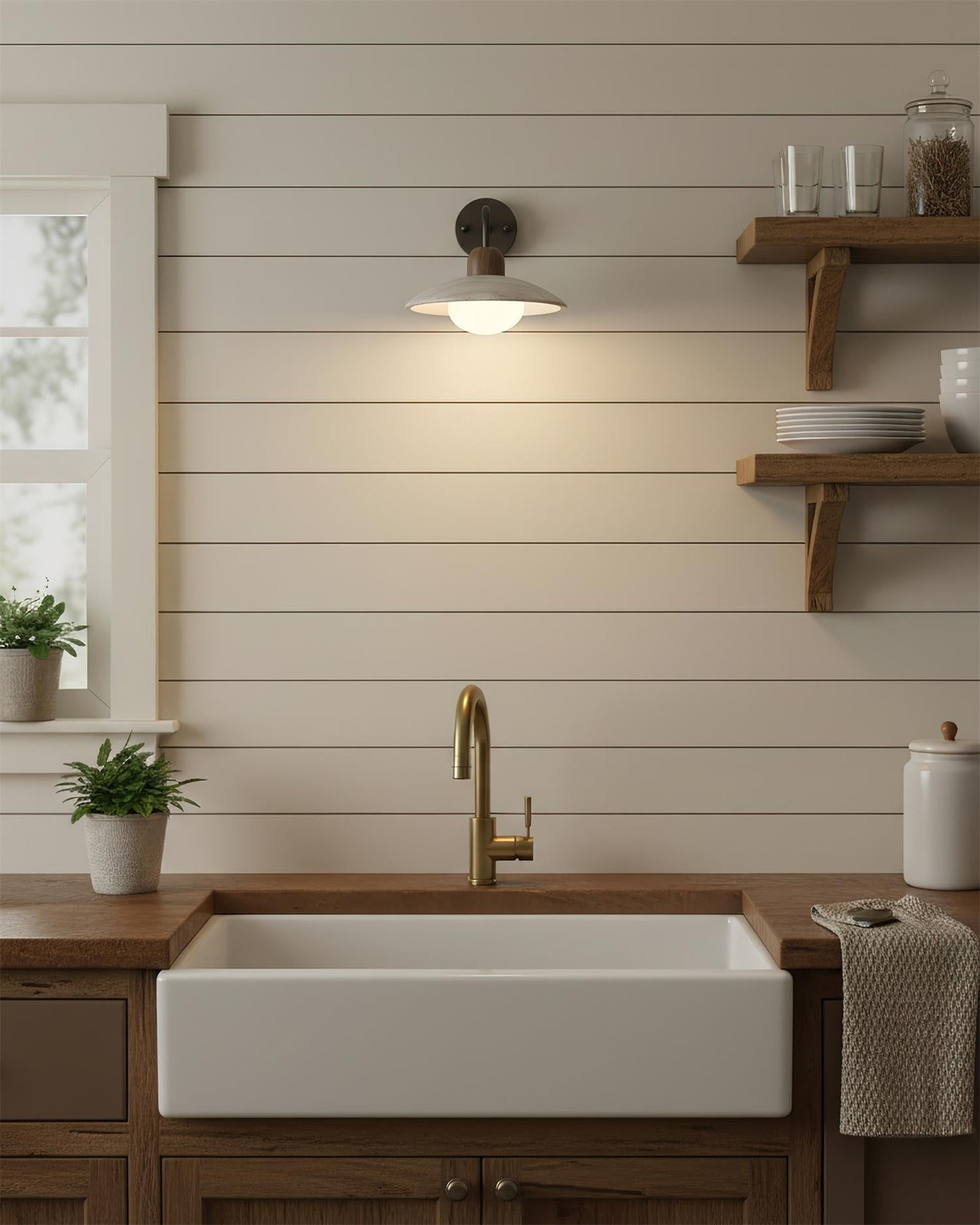 Carolia Travertine Wall Lamp with Wood Base and Brushed Brass Arm