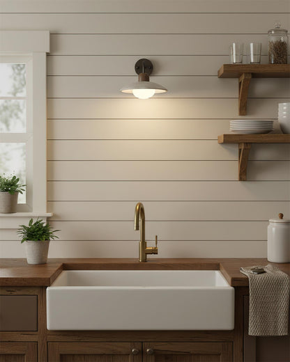 Carolia Travertine Wall Lamp with Wood Base and Brushed Brass Arm