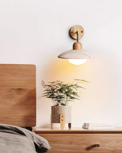 Carolia Travertine Wall Lamp with Wood Base and Brushed Brass Arm