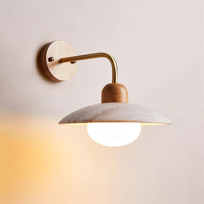 Carolia Travertine Wall Lamp with Wood Base and Brushed Brass Arm