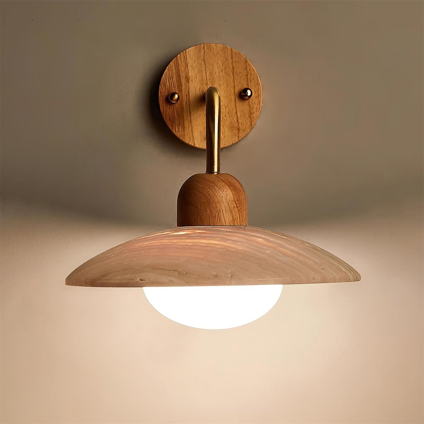 Carolia Travertine Wall Lamp with Wood Base and Brushed Brass Arm