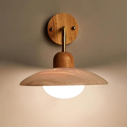 Carolia Travertine Wall Lamp with Wood Base and Brushed Brass Arm