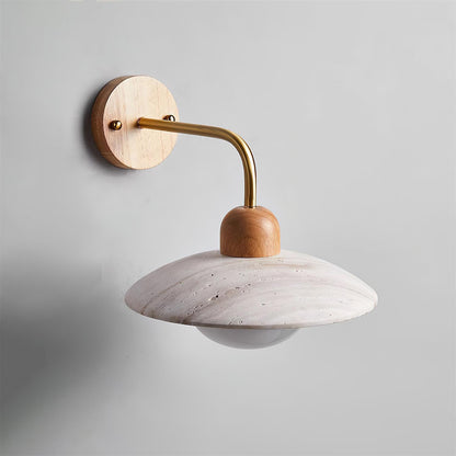Carolia Travertine Wall Lamp with Wood Base and Brushed Brass Arm