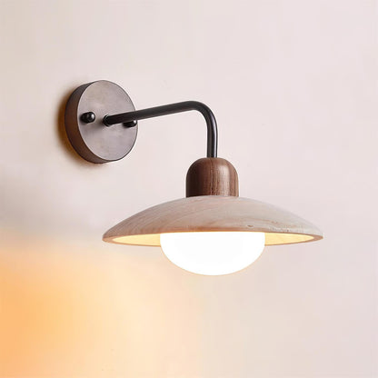 Carolia Travertine Wall Lamp with Wood Base and Brushed Brass Arm