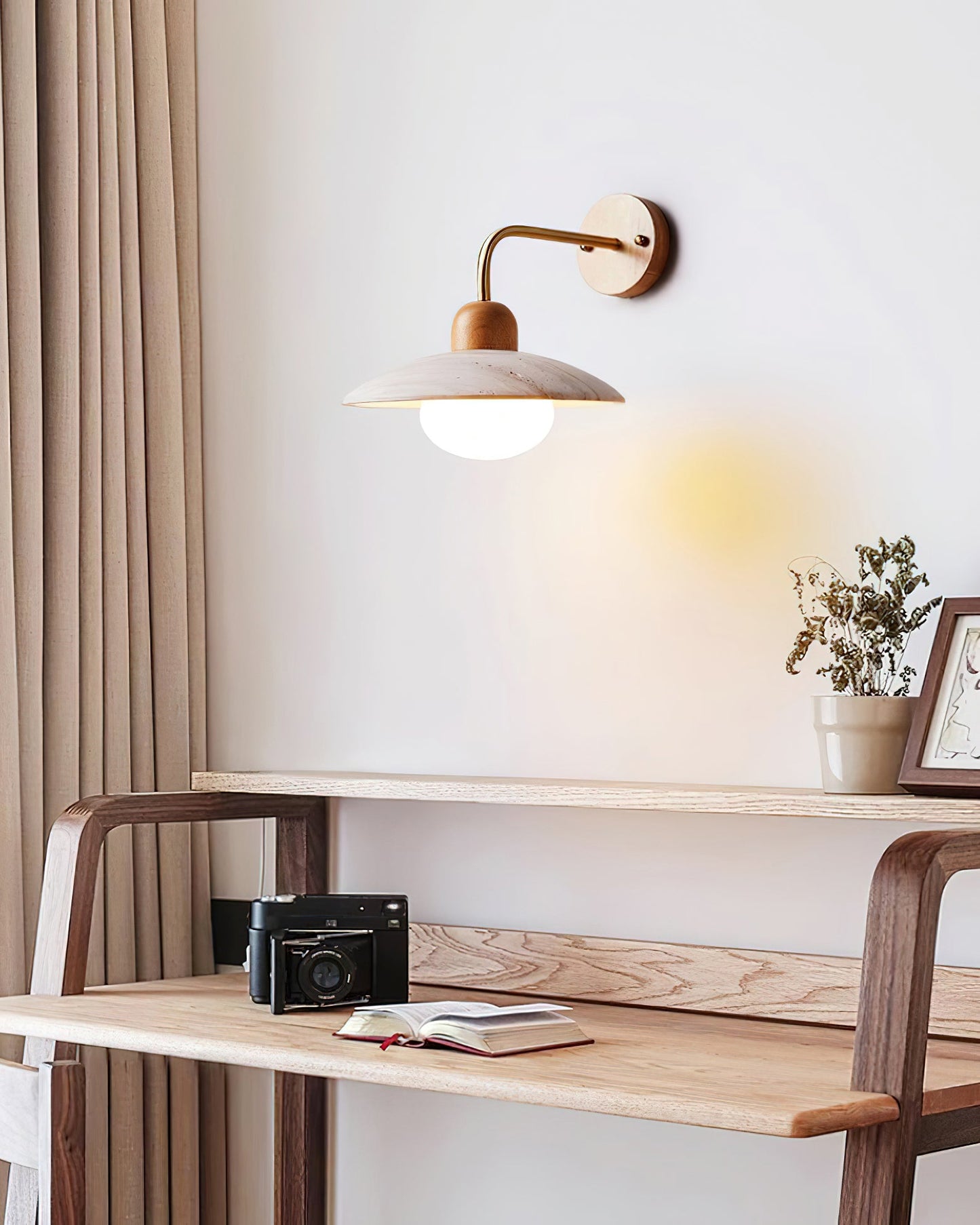 Carolia Travertine Wall Lamp with Wood Base and Brushed Brass Arm