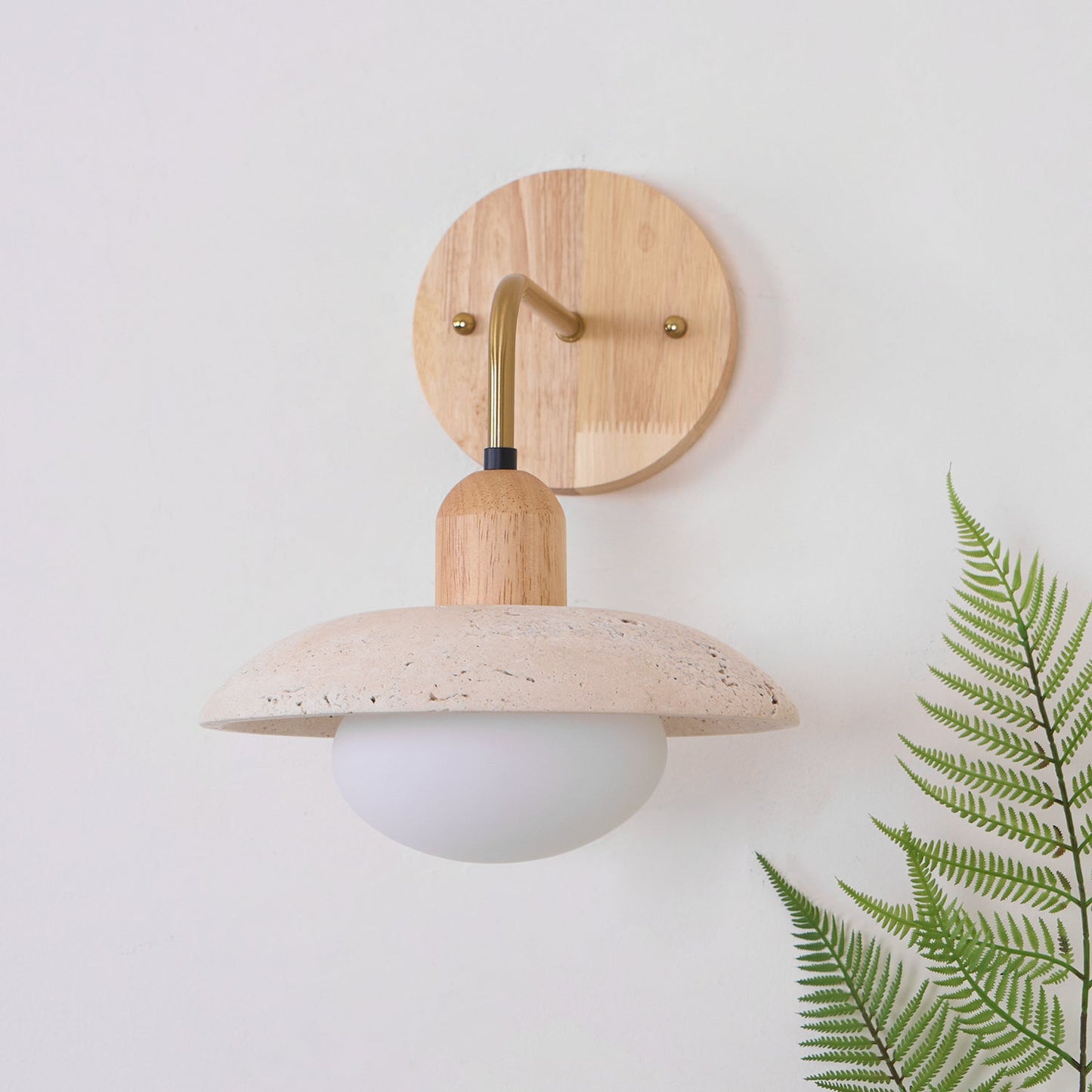 Carolia Travertine Wall Lamp with Wood Base and Brushed Brass Arm