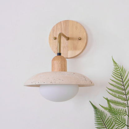 Carolia Travertine Wall Lamp with Wood Base and Brushed Brass Arm