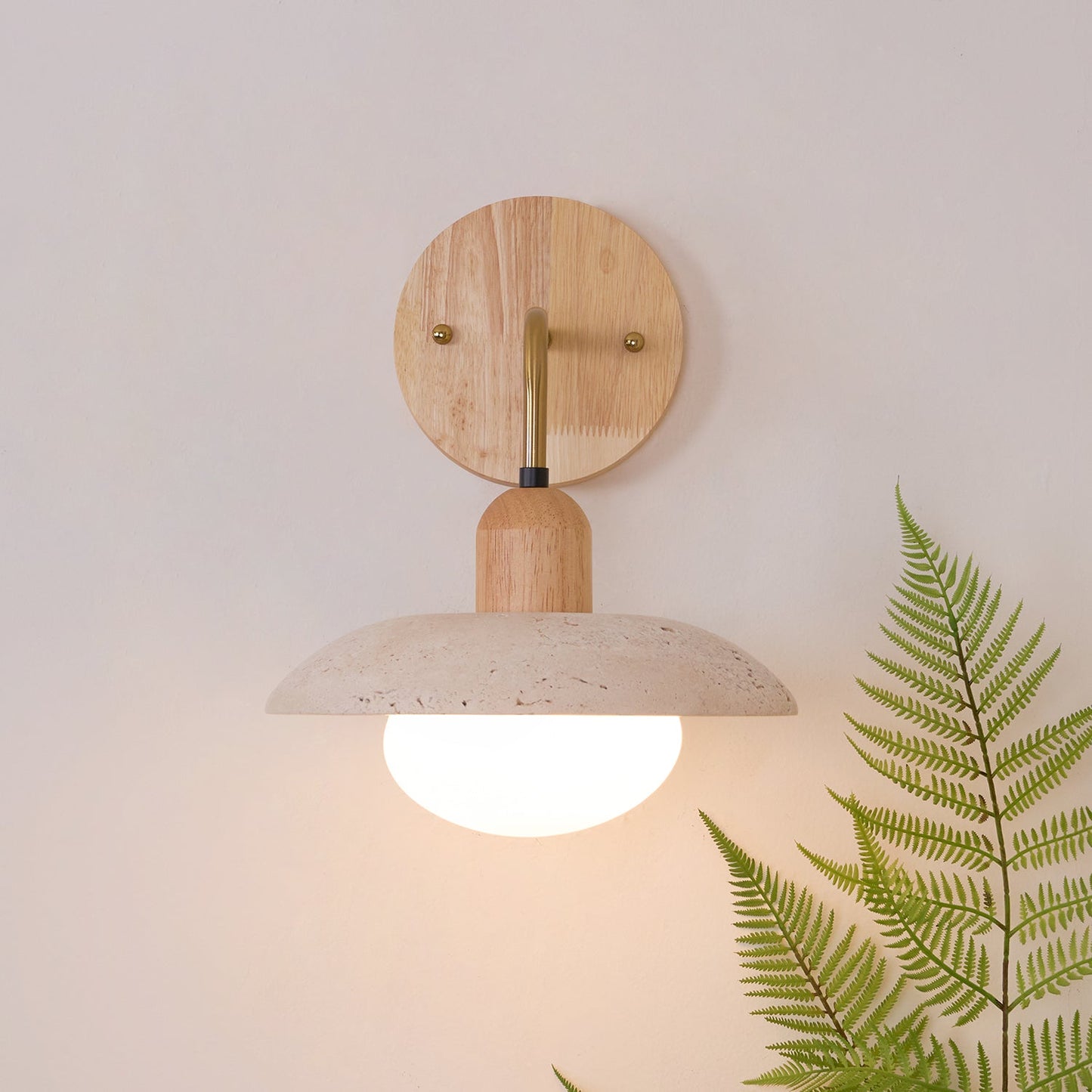 Carolia Travertine Wall Lamp with Wood Base and Brushed Brass Arm
