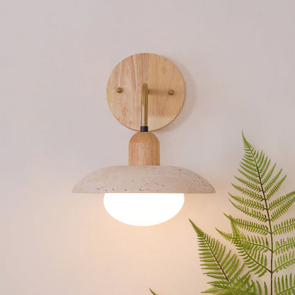 Carolia Travertine Wall Lamp with Wood Base and Brushed Brass Arm