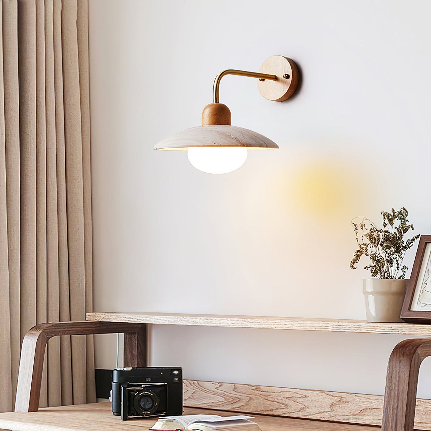 Carolia Travertine Wall Lamp with Wood Base and Brushed Brass Arm