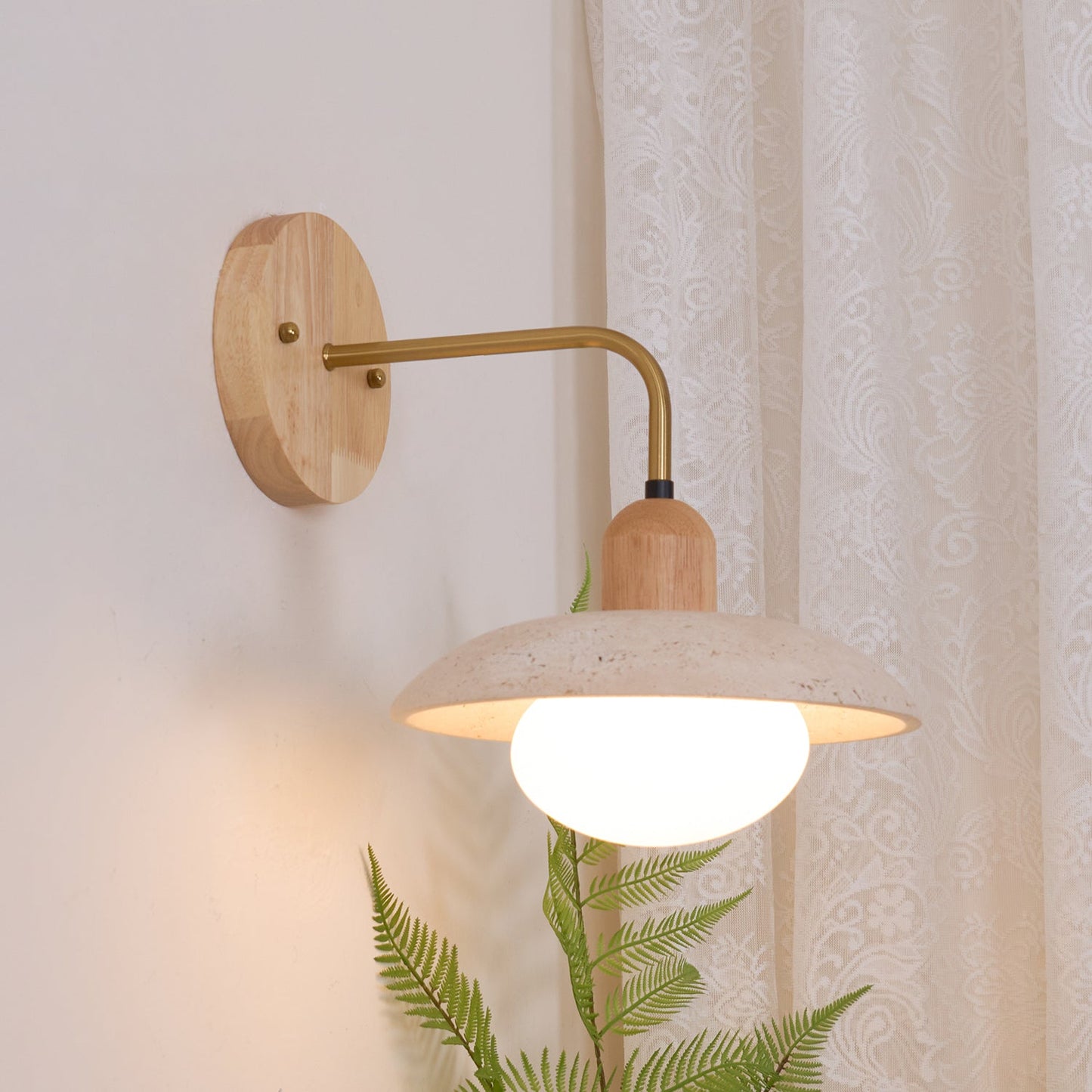 Carolia Travertine Wall Lamp with Wood Base and Brushed Brass Arm