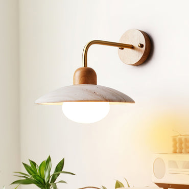 Carolia Travertine Wall Lamp with Wood Base and Brushed Brass Arm