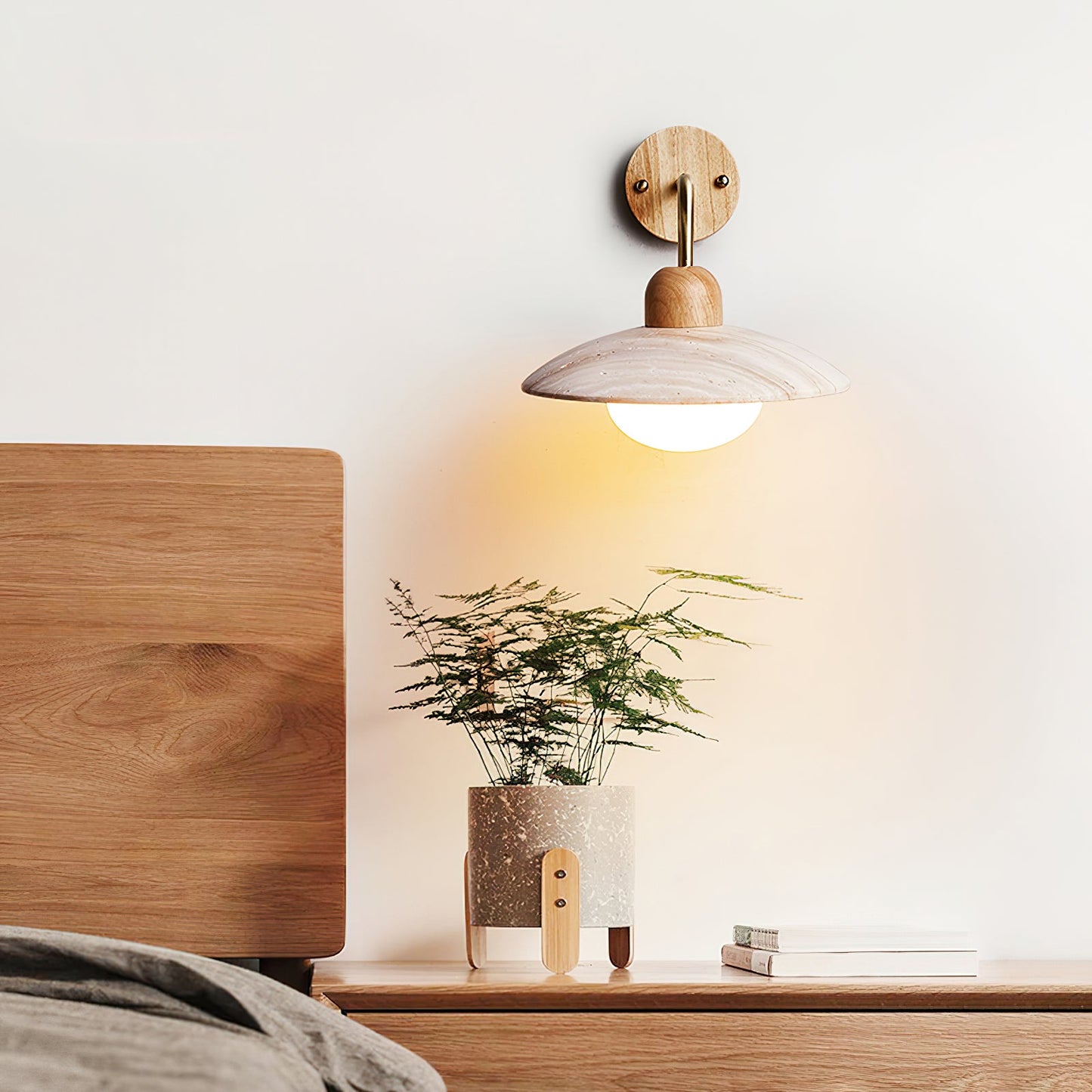 Carolia Travertine Wall Lamp with Wood Base and Brushed Brass Arm