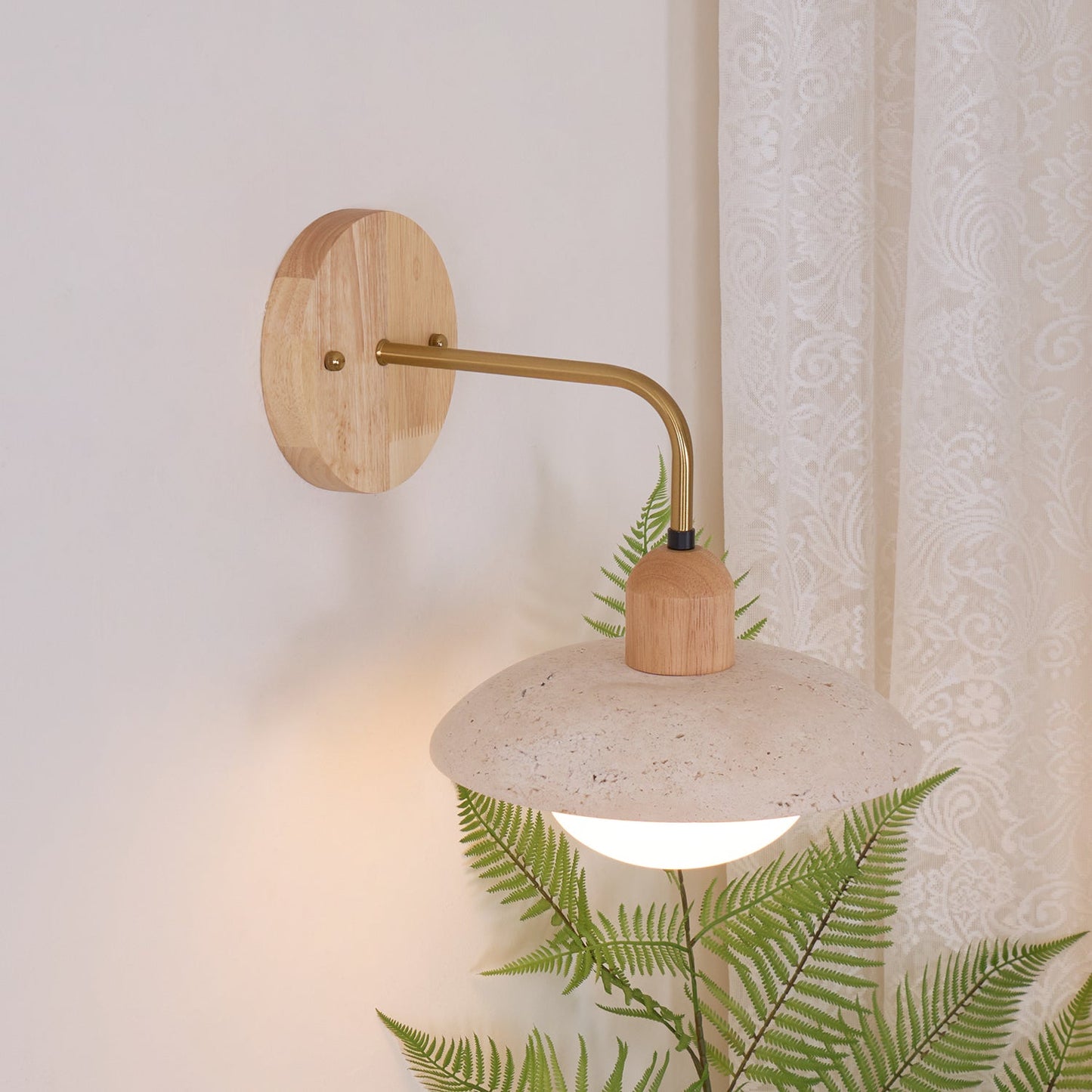 Carolia Travertine Wall Lamp with Wood Base and Brushed Brass Arm