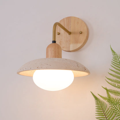 Carolia Travertine Wall Lamp with Wood Base and Brushed Brass Arm