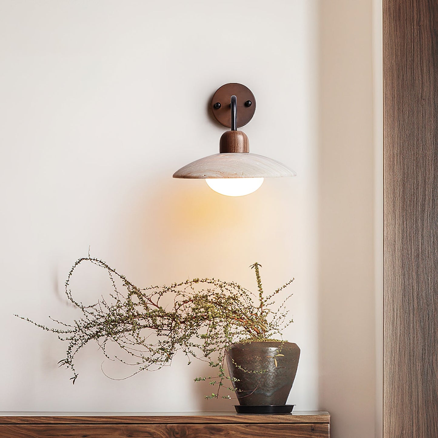 Carolia Travertine Wall Lamp with Wood Base and Brushed Brass Arm