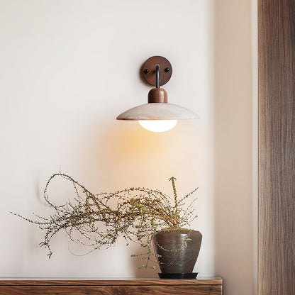 Carolia Travertine Wall Lamp with Wood Base and Brushed Brass Arm