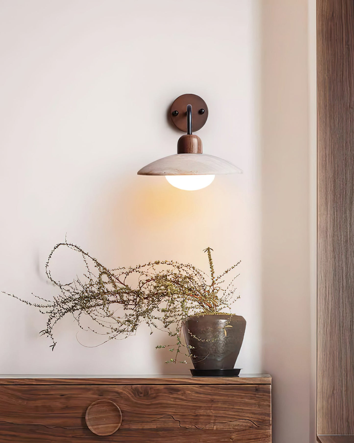 Carolia Travertine Wall Lamp with Wood Base and Brushed Brass Arm