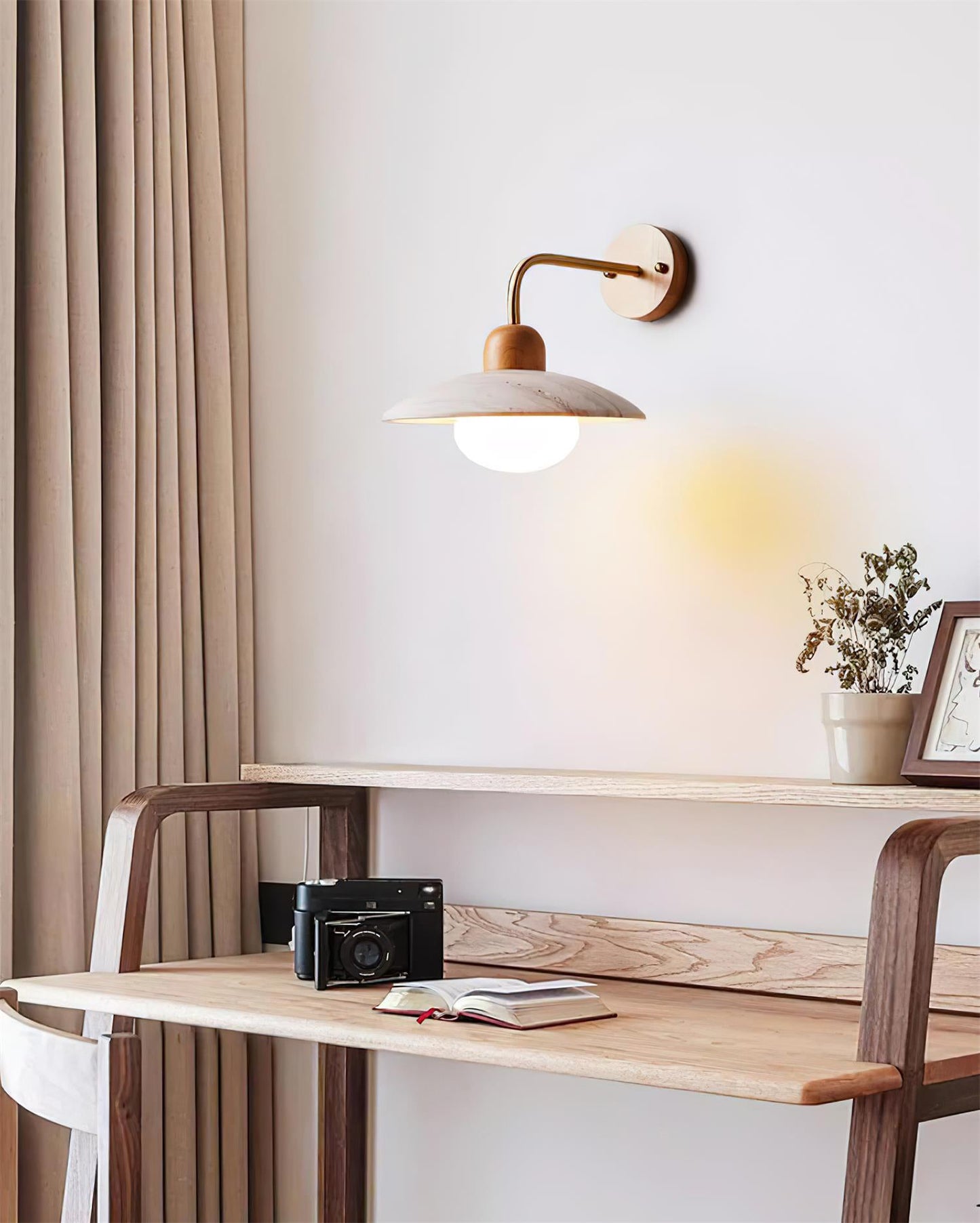 Carolia Travertine Wall Lamp with Wood Base and Brushed Brass Arm