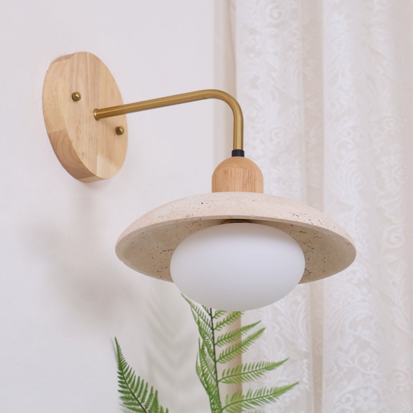 Carolia Travertine Wall Lamp with Wood Base and Brushed Brass Arm