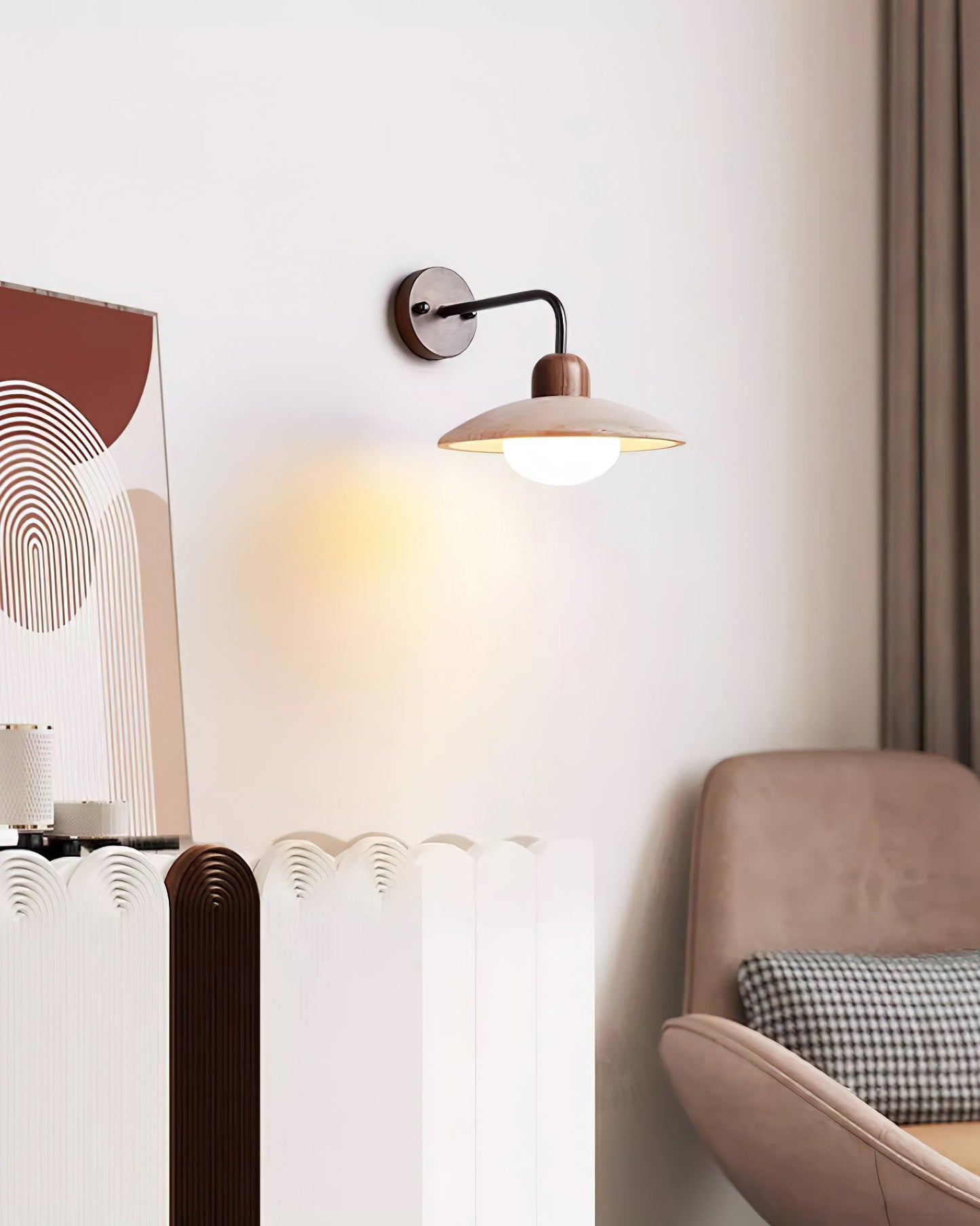 Carolia Travertine Wall Lamp with Wood Base and Brushed Brass Arm