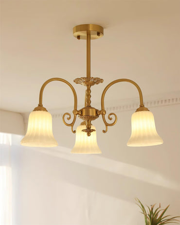 Vivienne Brass Chandelier, Fluted Glass Shades with Ornate Arms