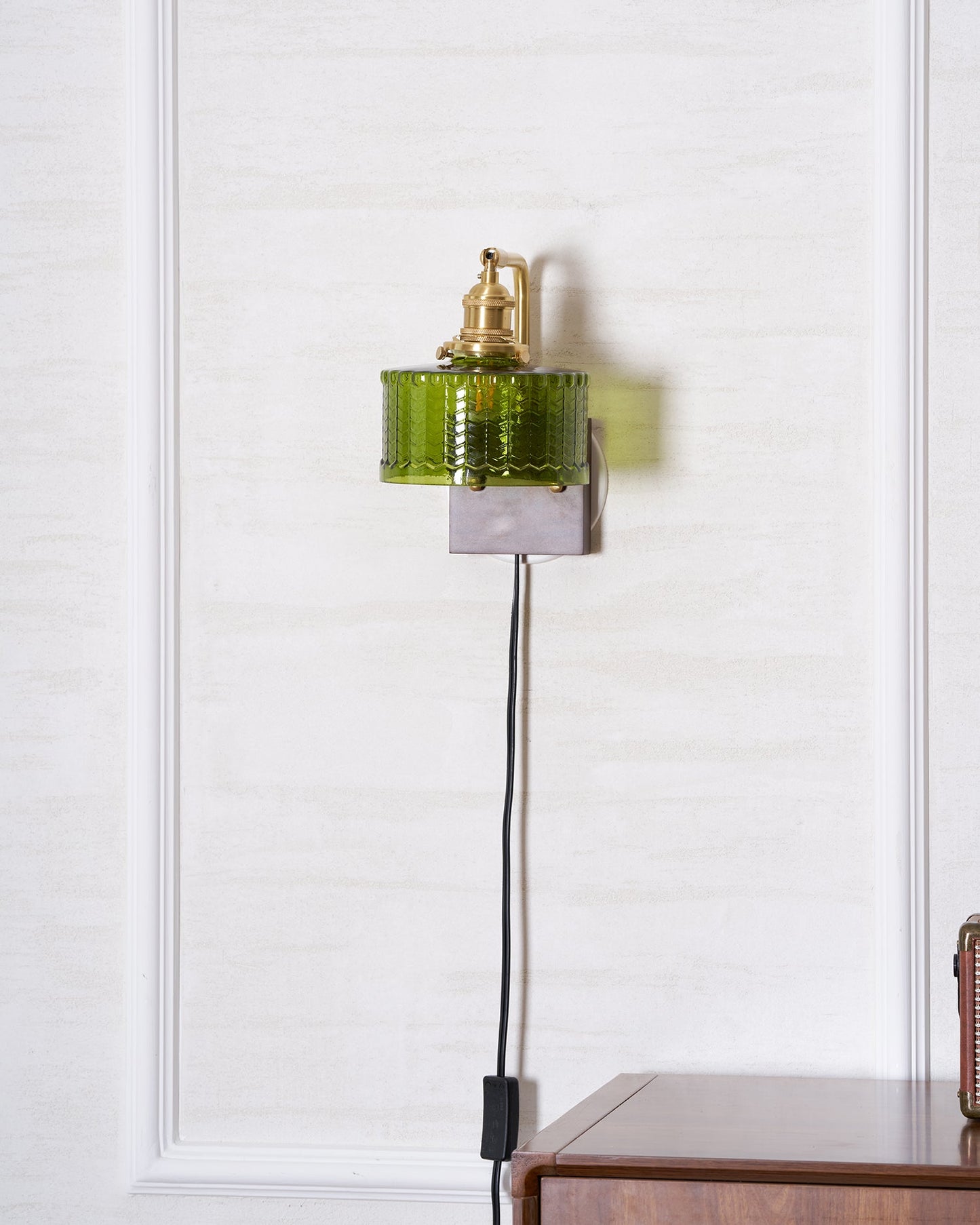 Camille Cavella Plug-In Wall Lamp with Green and Clear Fish-Scale Glass