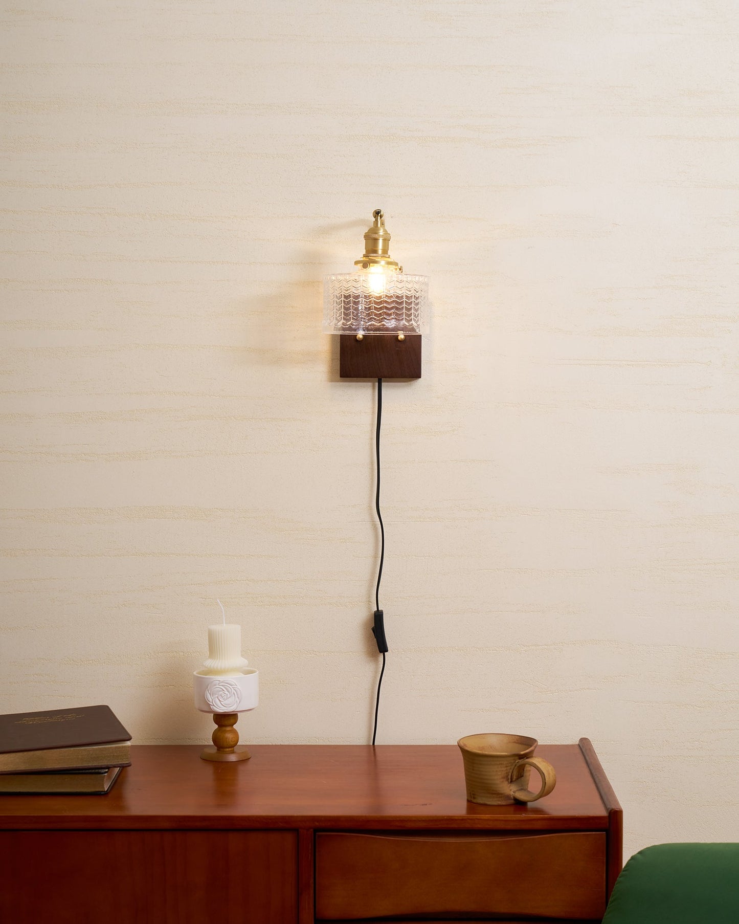 Camille Cavella Plug-In Wall Lamp with Green and Clear Fish-Scale Glass