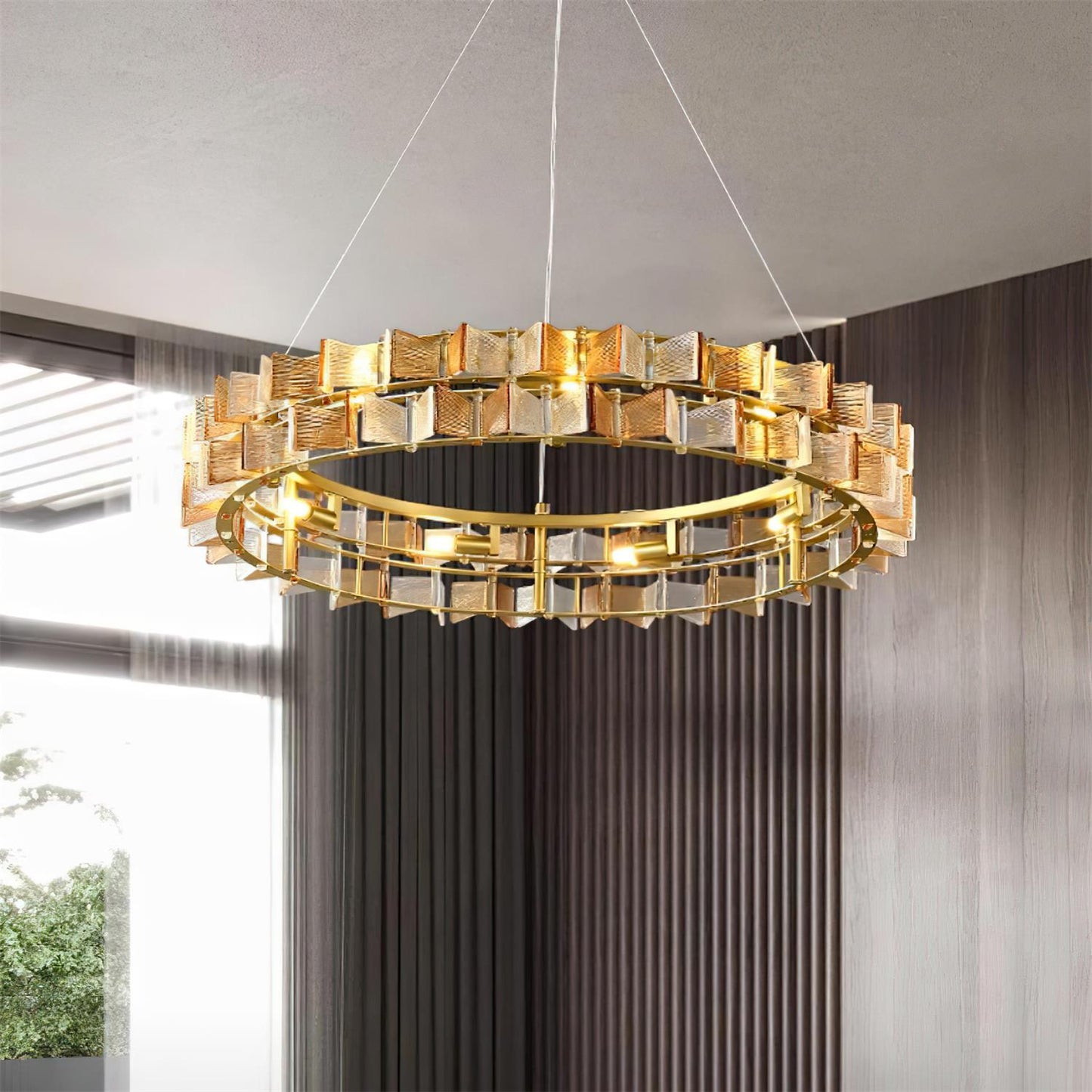 Aurélie Ring Chandelier, Textured Glass Halo with Gilded Frame