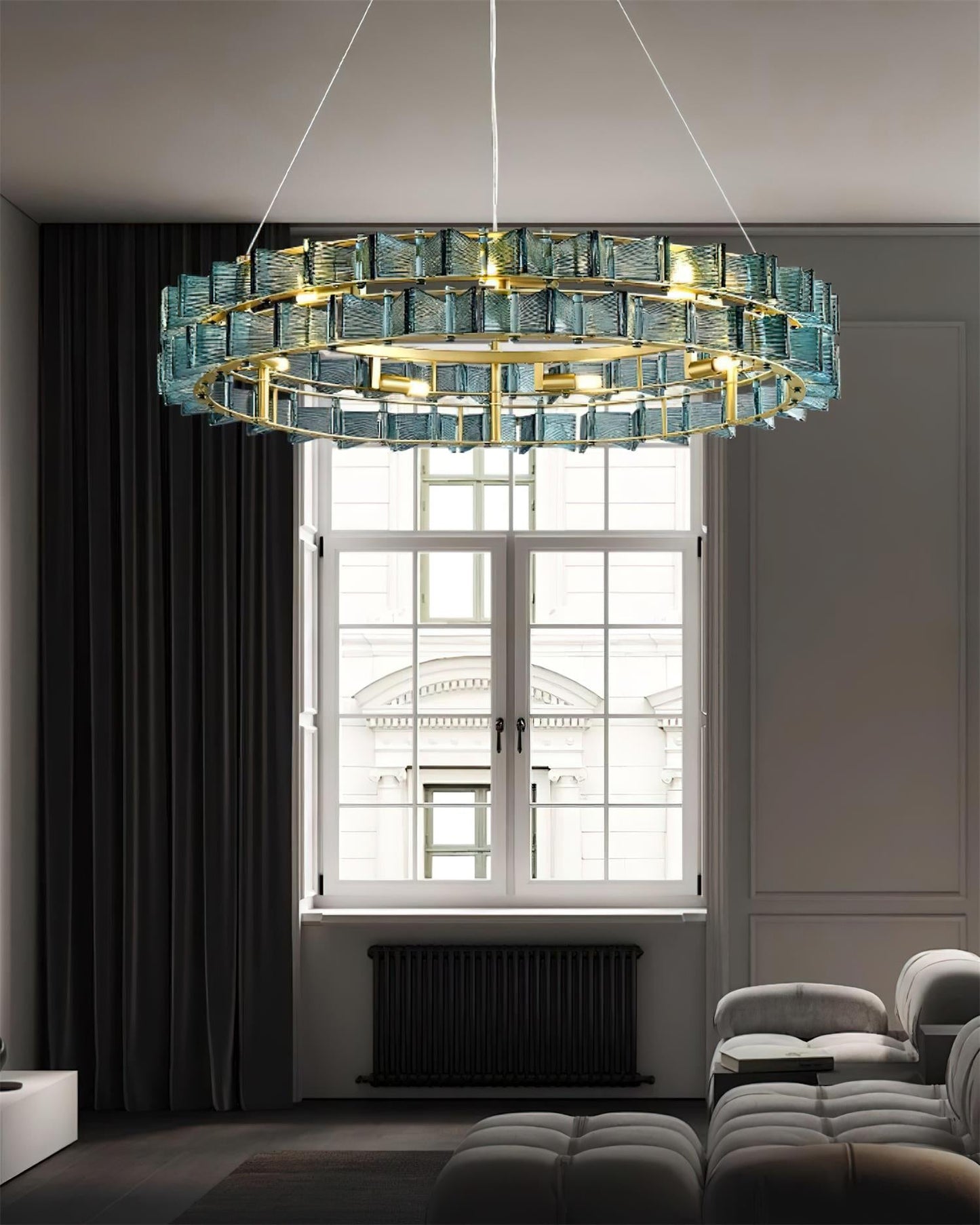 Aurélie Ring Chandelier, Textured Glass Halo with Gilded Frame