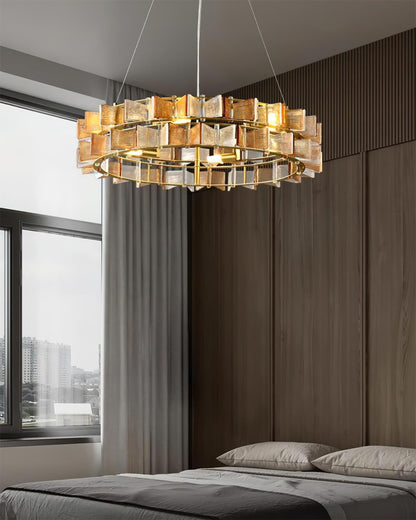 Aurélie Ring Chandelier, Textured Glass Halo with Gilded Frame