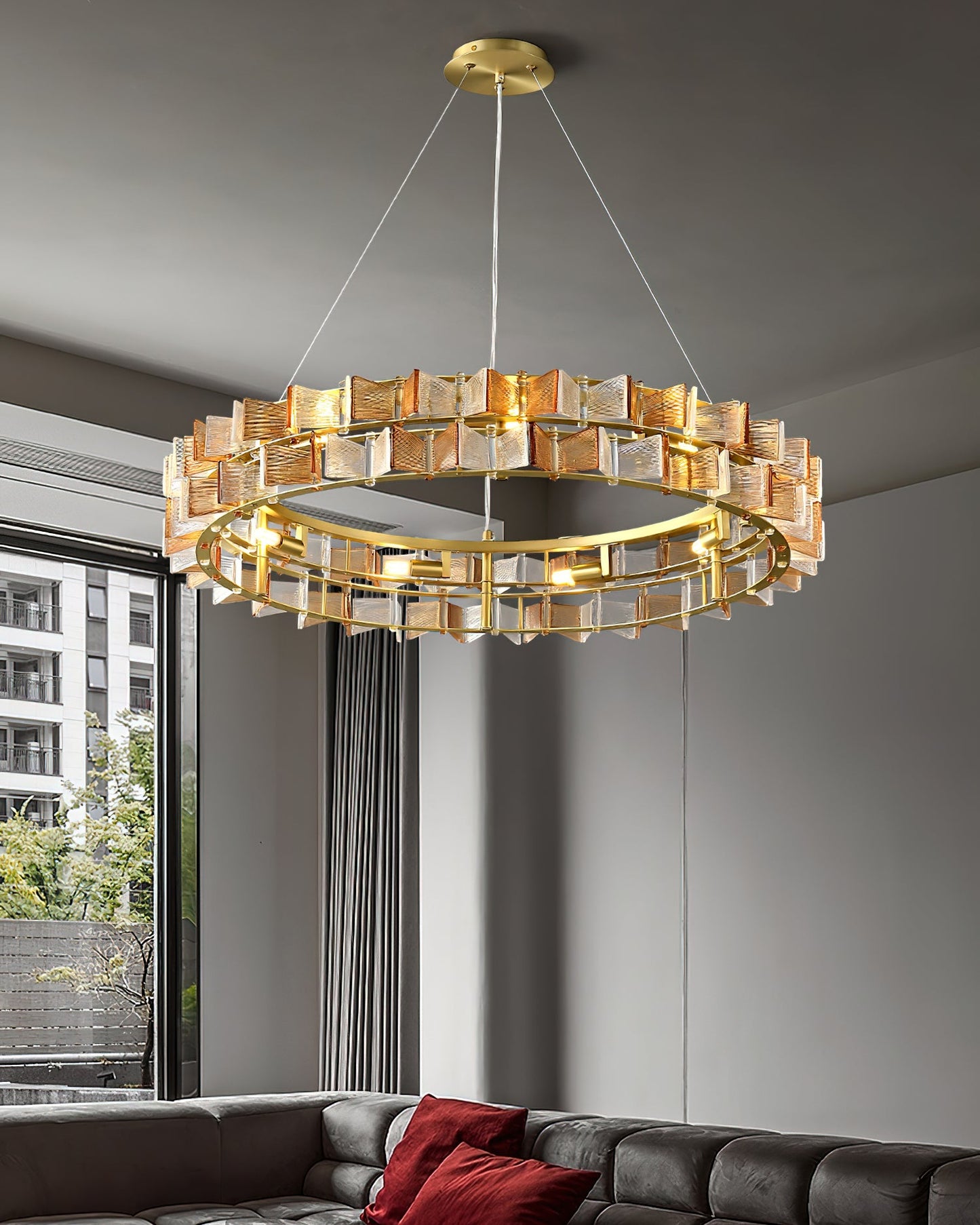 Aurélie Ring Chandelier, Textured Glass Halo with Gilded Frame