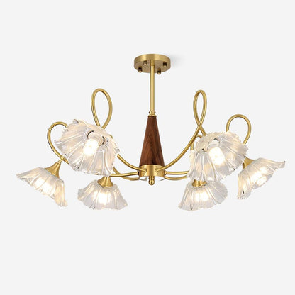 Fleur Lotus Chandelier, Lily Glass Shades with Brass and Wood Frame