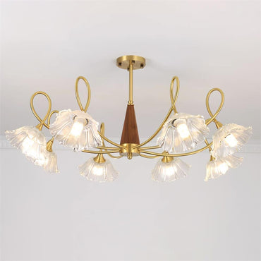 Fleur Lotus Chandelier, Lily Glass Shades with Brass and Wood Frame