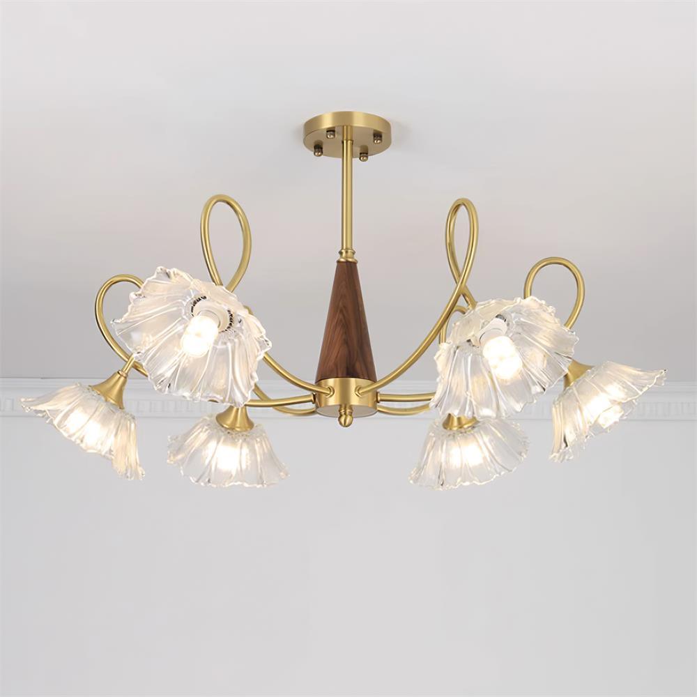 Fleur Lotus Chandelier, Lily Glass Shades with Brass and Wood Frame