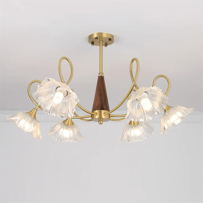 Fleur Lotus Chandelier, Lily Glass Shades with Brass and Wood Frame