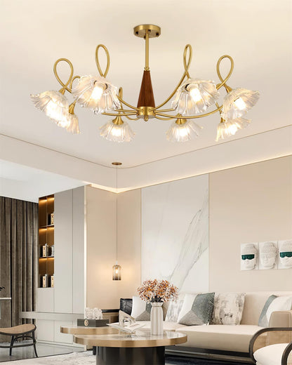 Fleur Lotus Chandelier, Lily Glass Shades with Brass and Wood Frame
