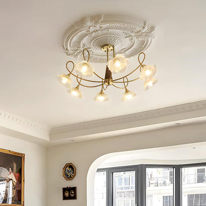Fleur Lotus Chandelier, Lily Glass Shades with Brass and Wood Frame