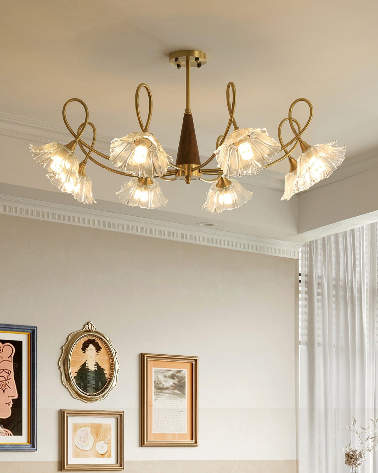 Fleur Lotus Chandelier, Lily Glass Shades with Brass and Wood Frame