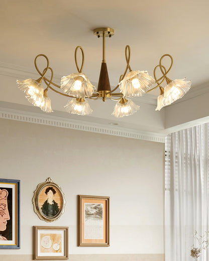 Fleur Lotus Chandelier, Lily Glass Shades with Brass and Wood Frame