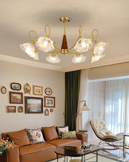 Fleur Lotus Chandelier, Lily Glass Shades with Brass and Wood Frame