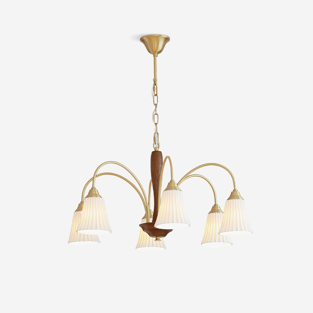 Sophie Chandelier, Elegant Brass and Dark Wood with Fabric Shades