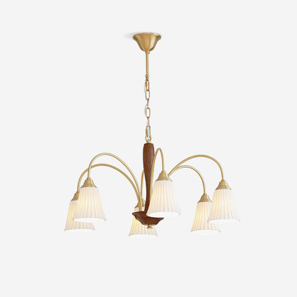 Sophie Chandelier, Elegant Brass and Dark Wood with Fabric Shades