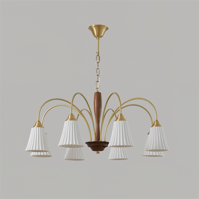 Sophie Chandelier, Elegant Brass and Dark Wood with Fabric Shades