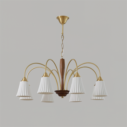 Sophie Chandelier, Elegant Brass and Dark Wood with Fabric Shades