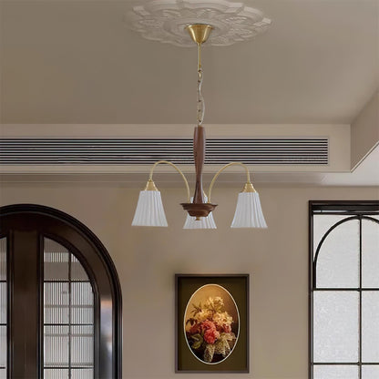 Sophie Chandelier, Elegant Brass and Dark Wood with Fabric Shades